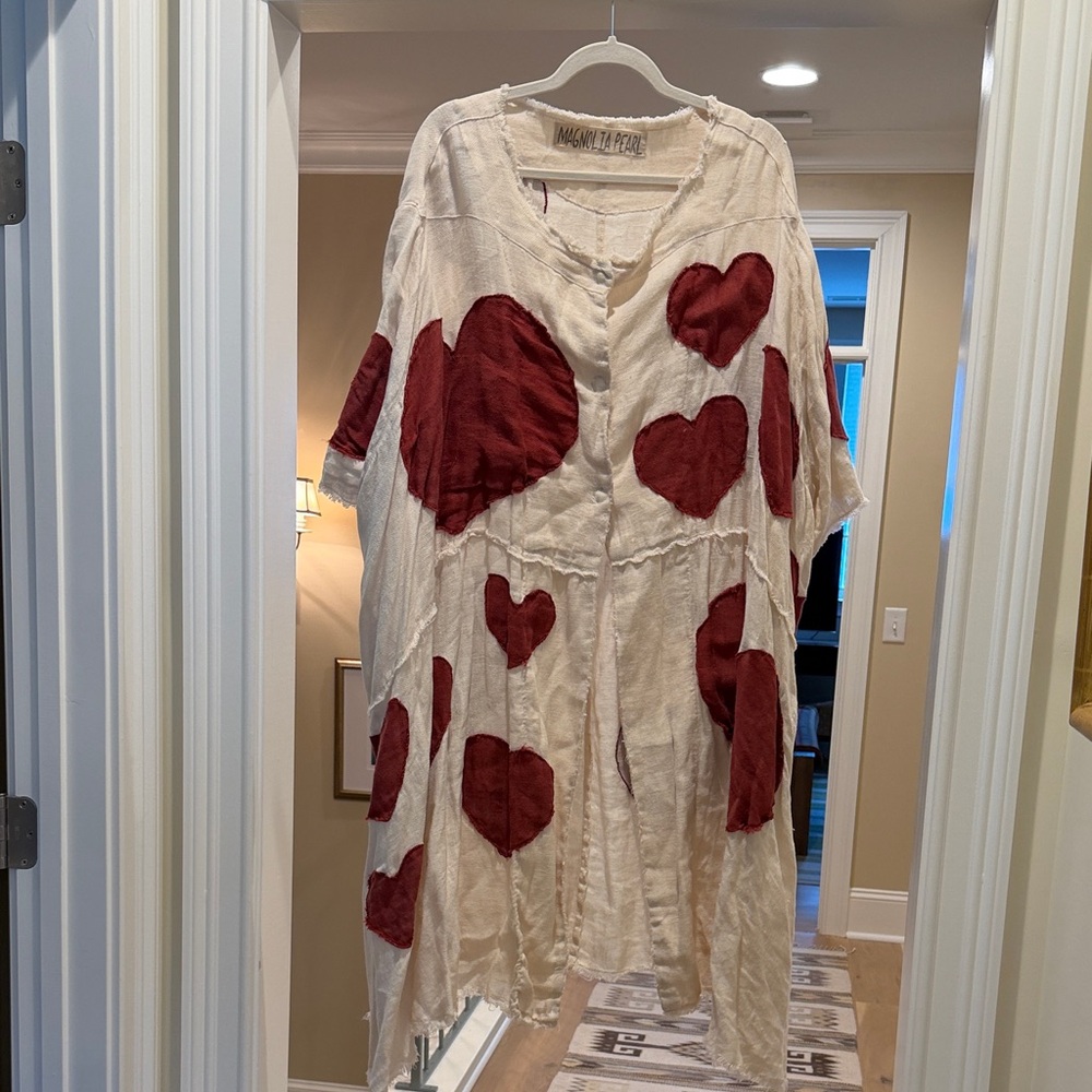Magnolia Pearl Ivory maxi coat with Red Heart Appliqués